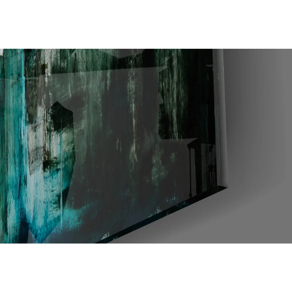 Bold teal and black abstract wall art on sleek modern monitor