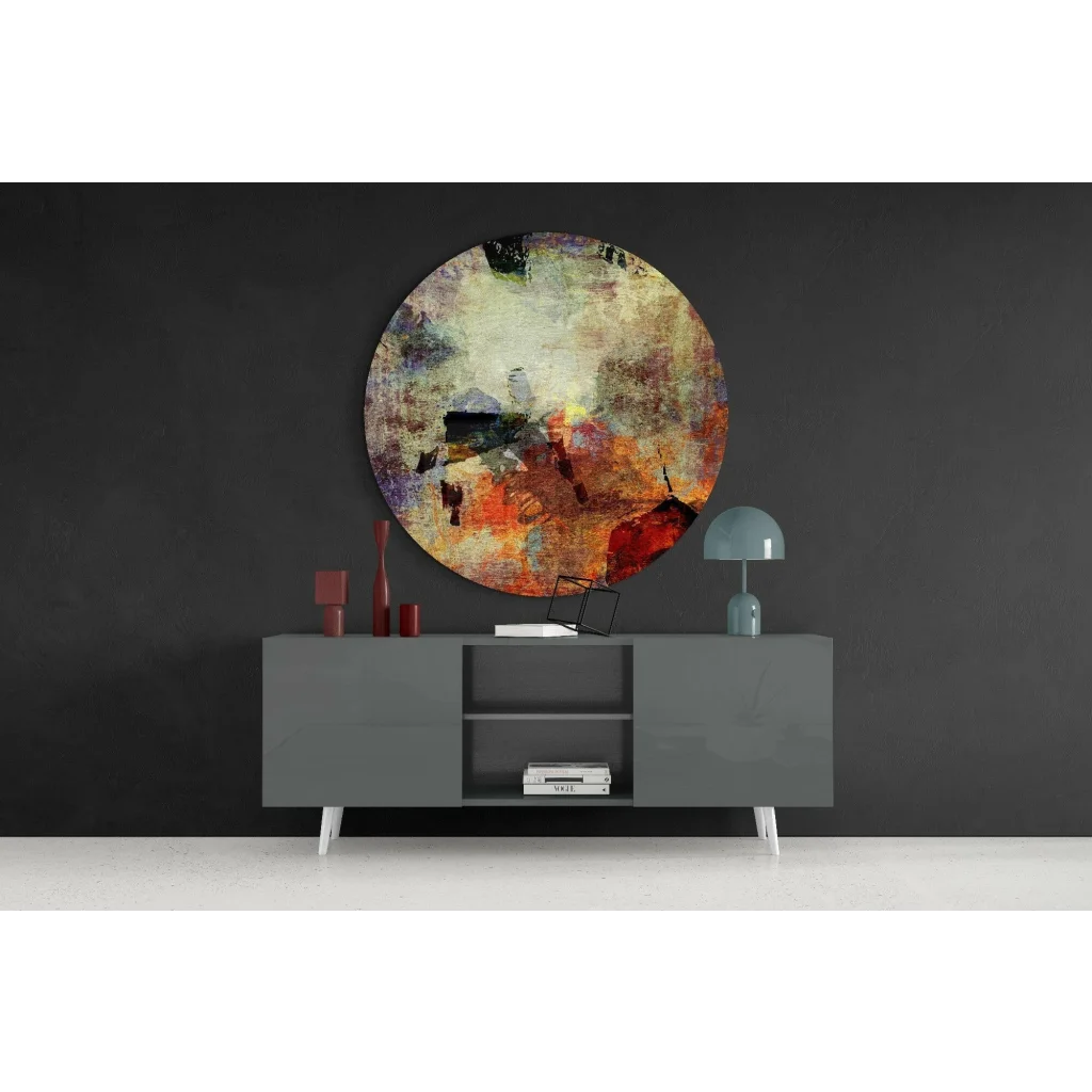 Earthy abstract tempered glass art circle in earthy tones with red accents on wall