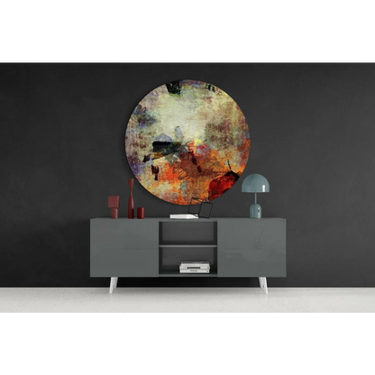 Earthy abstract tempered glass art circle in earthy tones with red accents on wall
