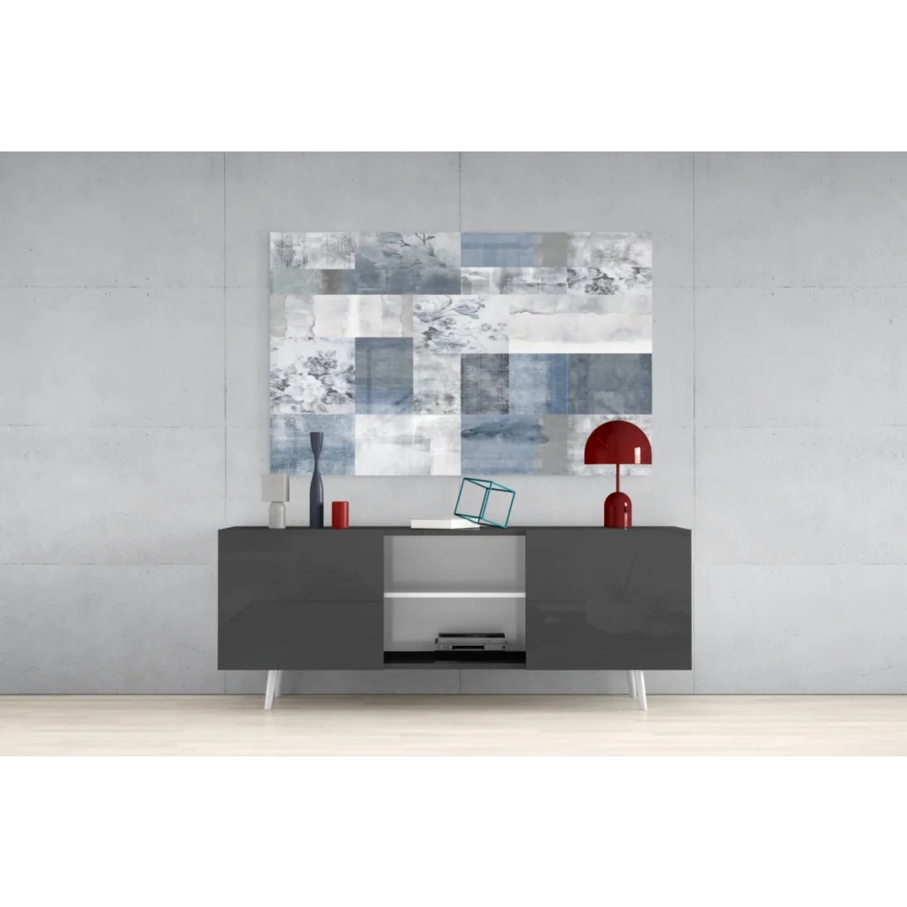 Serene Blue Floral Patchwork Canvas Wall Art with blue, white, gray tones