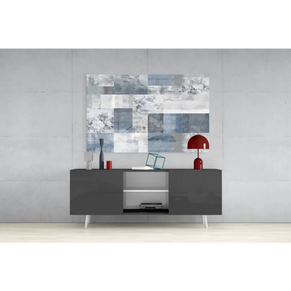 Serene Blue Floral Patchwork Canvas Wall Art with blue, white, gray tones
