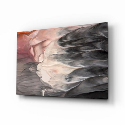 Swirling pink and black abstract glass wall art with marble texture