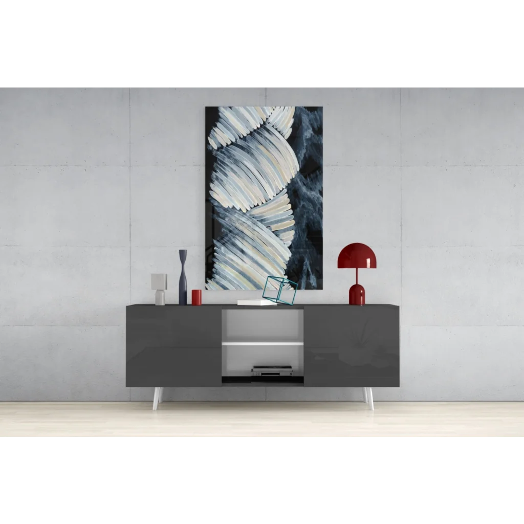 Dynamic Storm monochrome abstract wall art with white gray strokes on dark canvas