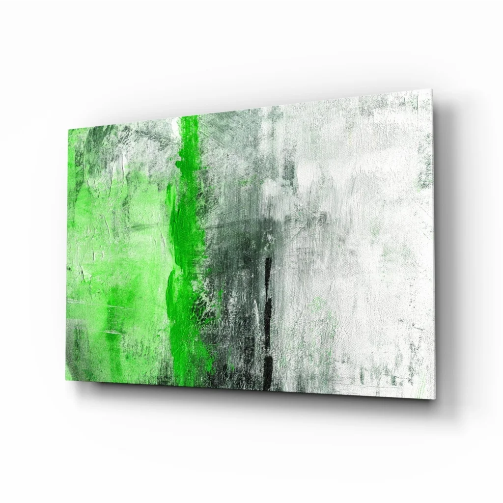 Bold green abstract canvas wall art with textured white, gray, black background