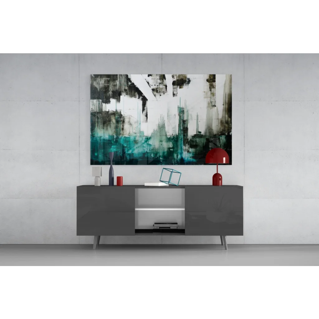 Bold teal and black abstract canvas wall art with white brushstrokes