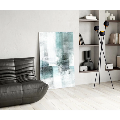 Teal abstract wall art with textured brushstrokes above black leather sofa