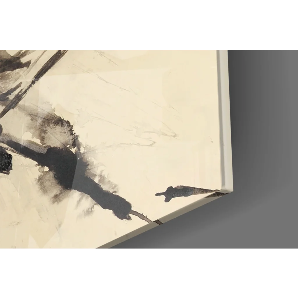 Bold abstract glass wall art with black brushstrokes on creamy background
