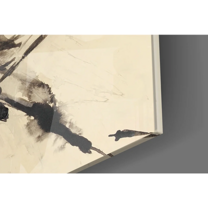 Bold abstract glass wall art with black brushstrokes on creamy background