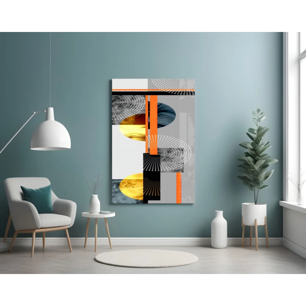 Bold orange gold and black circular glass wall art on gray background