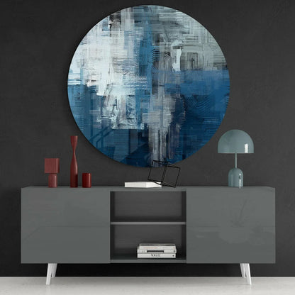 Stunning blue wave tempered glass art on dark wall above gray console