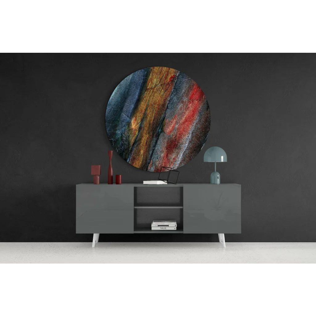 Fiery swirl tempered glass art with bold abstract colors