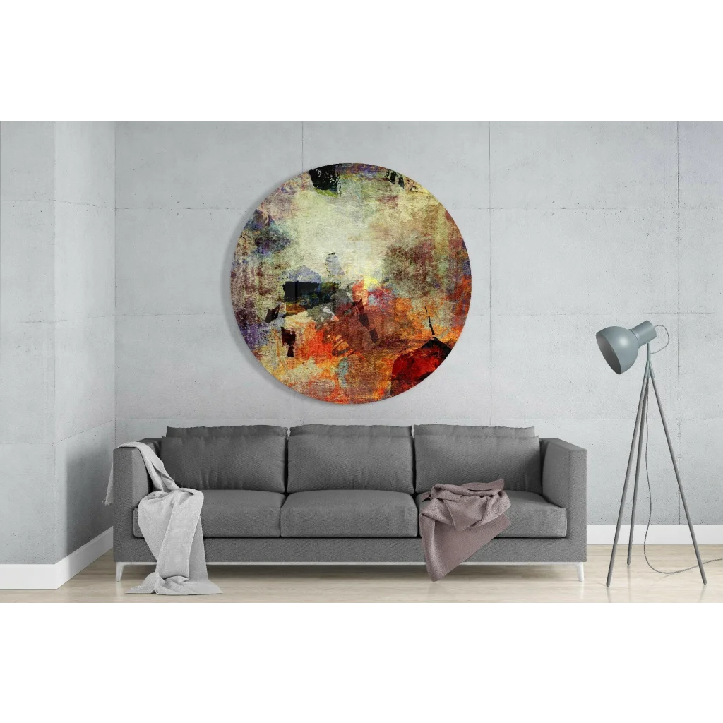 Earthy abstract tempered glass art circle with red orange black splashes