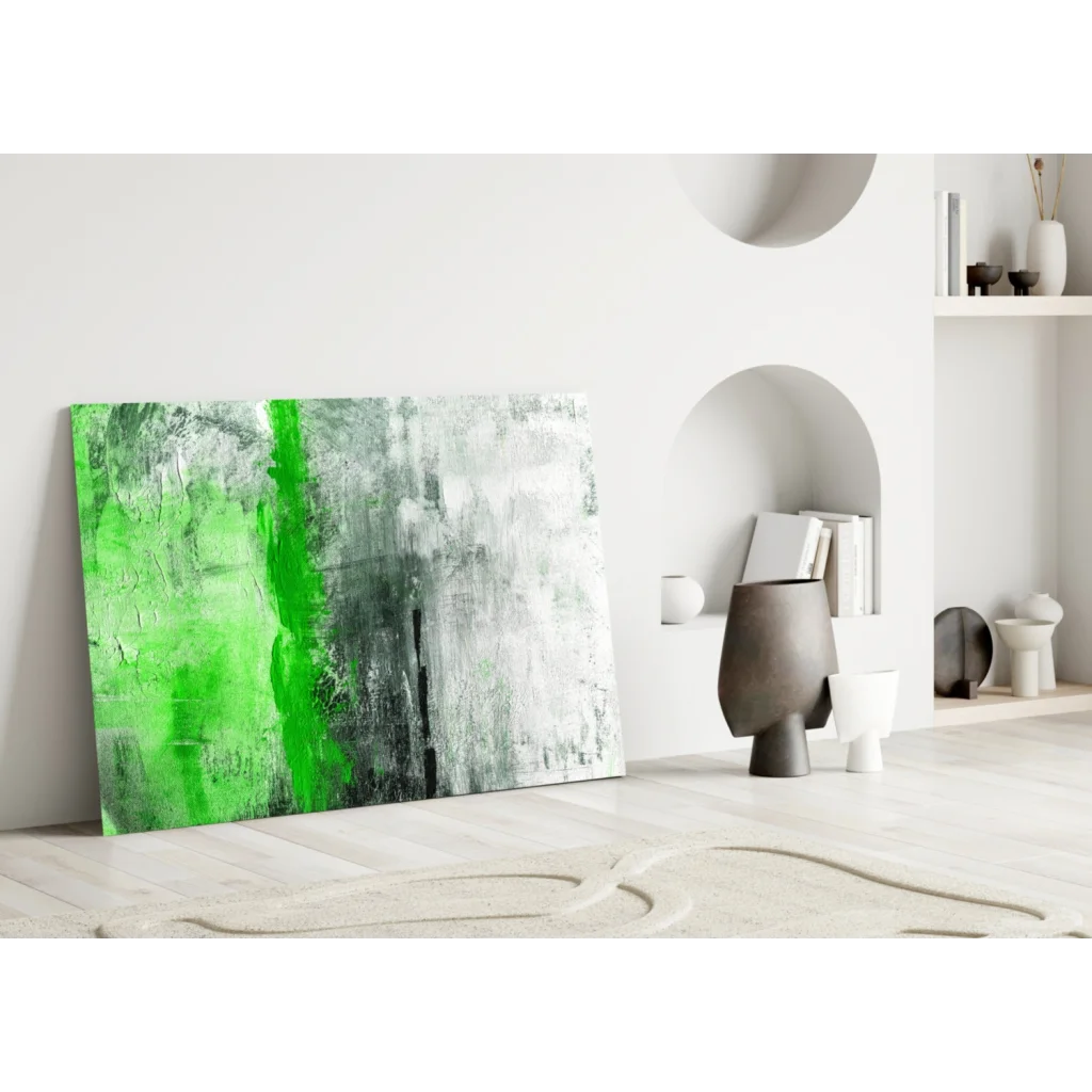 Vibrant green and gray textured abstract wall art canvas with bold brushstrokes