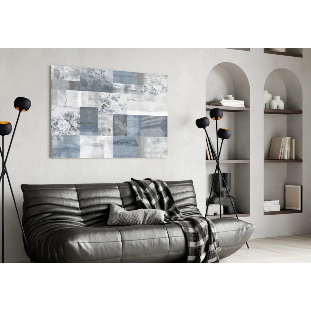Serene Blue Floral Patchwork Canvas Wall Art with gray leather sofa