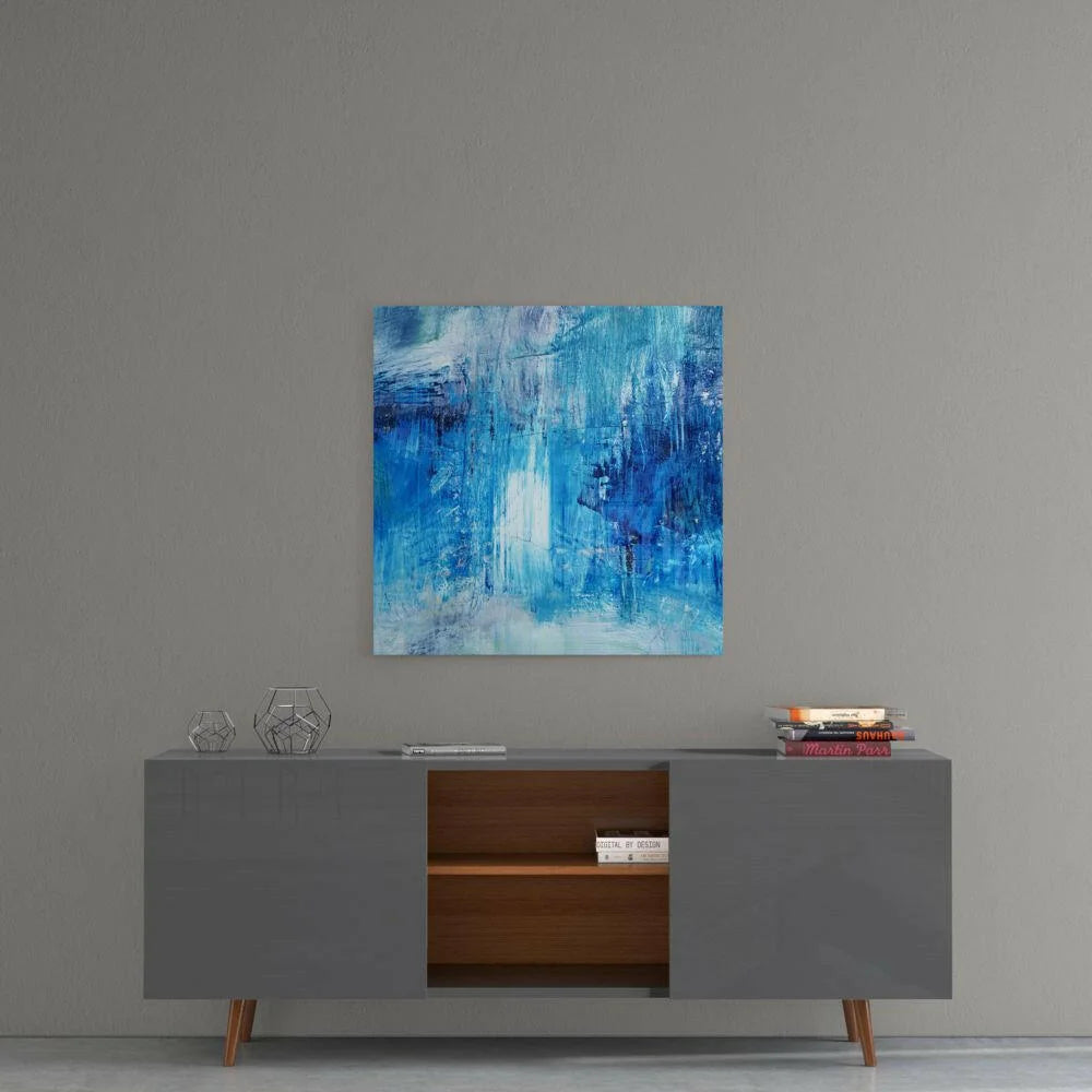 Vibrant bold blue brushstroke wall art canvas on gray wall