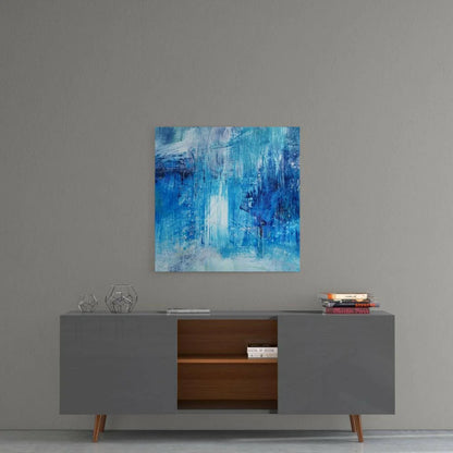Vibrant bold blue brushstroke wall art canvas on gray wall