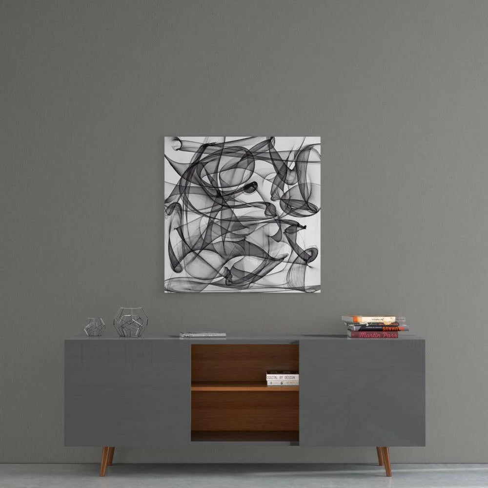 Black white smoke glass wall art panel with abstract ink lines