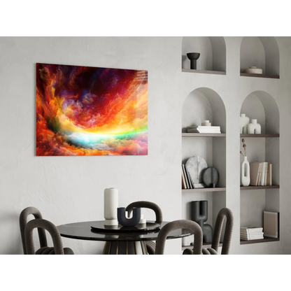 Vibrant abstract glass wall art with swirling red, orange, yellow, purple clouds