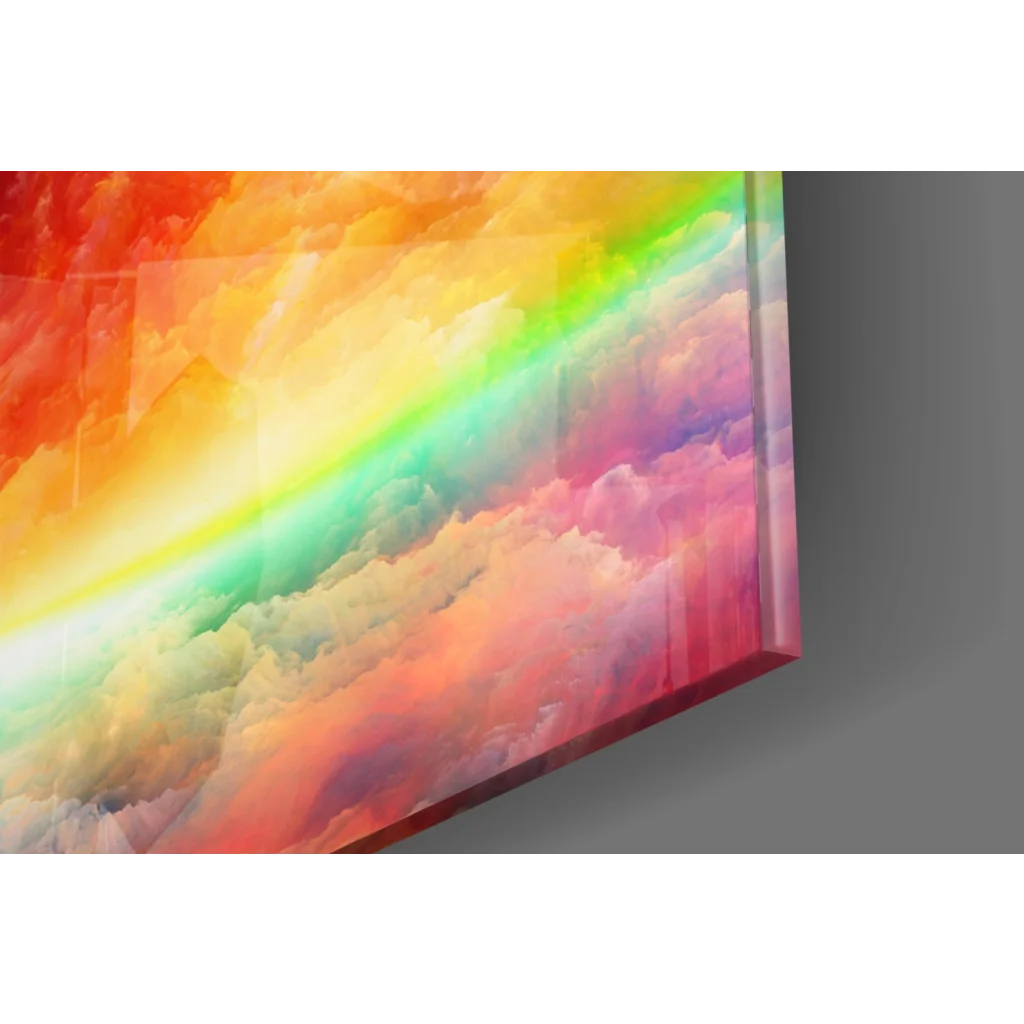 Vibrant rainbow cloud glass wall art on glossy acrylic panel