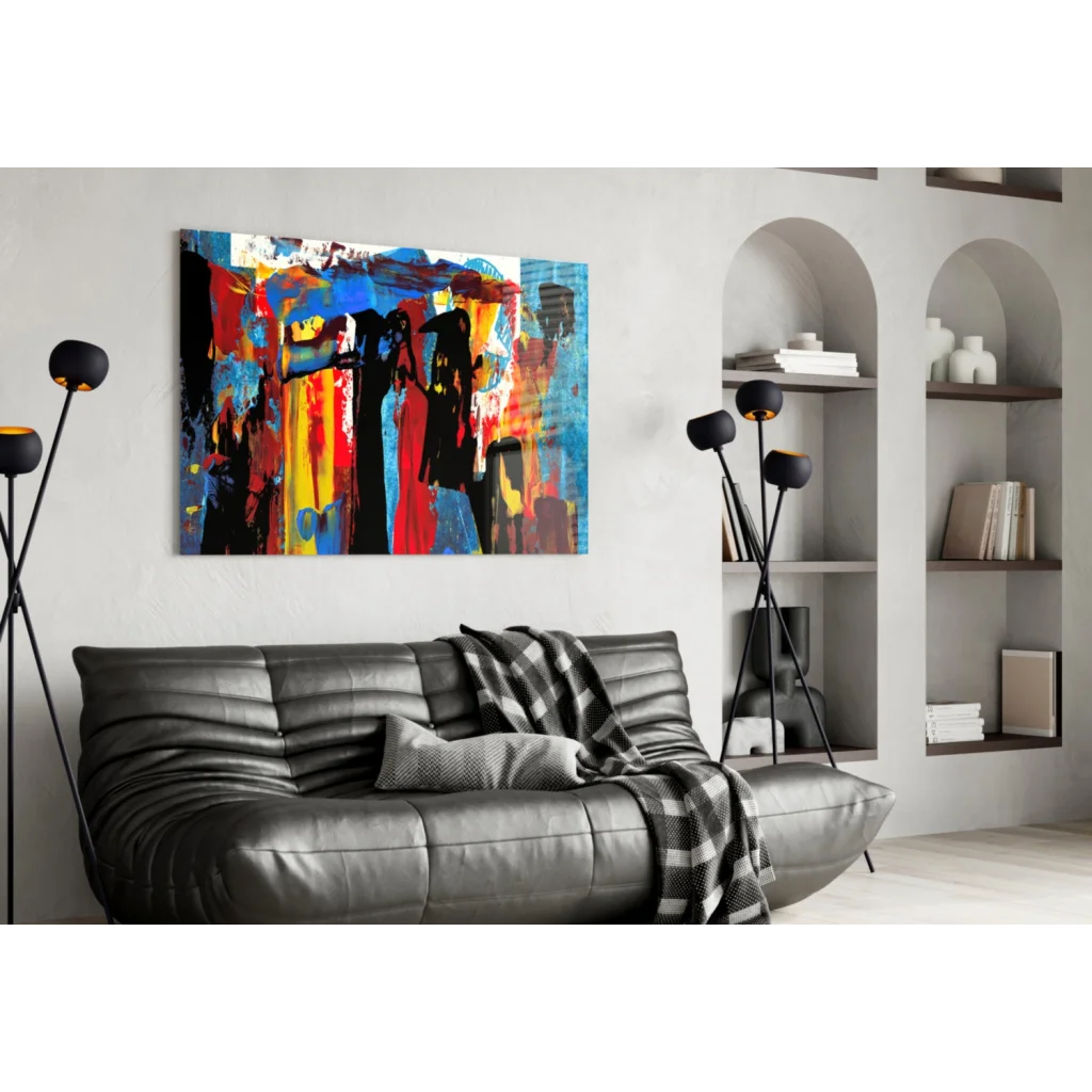 Premium tempered glass abstract wall art with vibrant bold colors above sofa