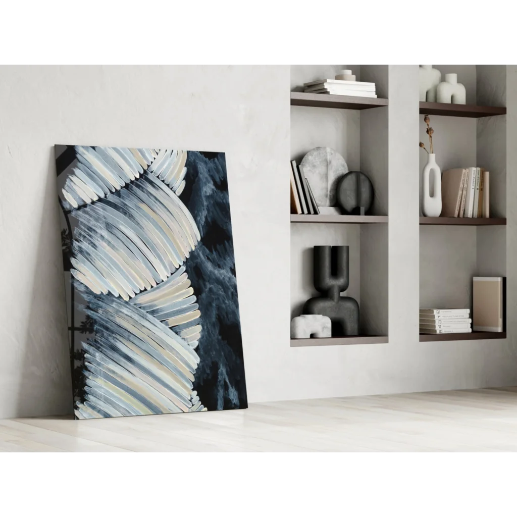 Modern monochrome abstract wall art canvas with bold white gray strokes on navy