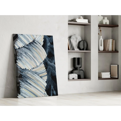 Modern monochrome abstract wall art canvas with bold white gray strokes on navy