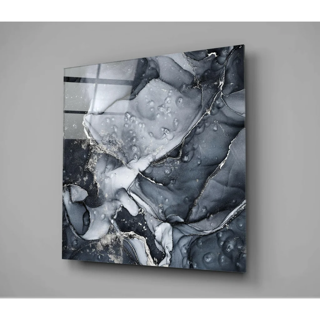 Stunning black silver swirl glass wall art panel with marbled patterns