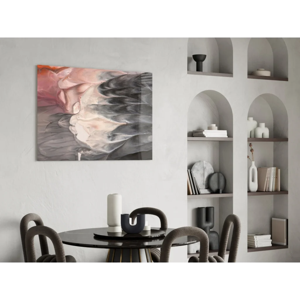 Swirling pink and gray abstract wall art on canvas with marble texture