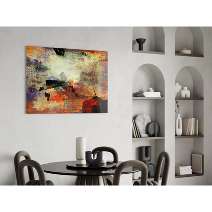 Vibrant abstract canvas wall art with bold orange, red, purple strokes on textured white background