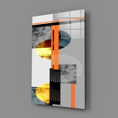 Modern bold geometric glass wall art with orange stripes and gold blue circles