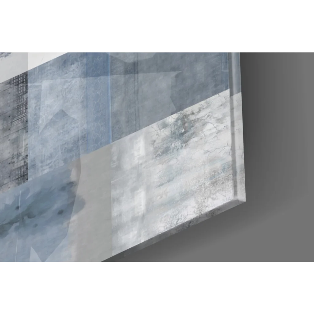 Serene blue floral patchwork canvas wall art with geometric shapes