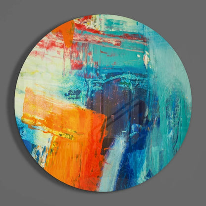 Vibrant circular tempered glass art with bold orange, red, teal, and white strokes