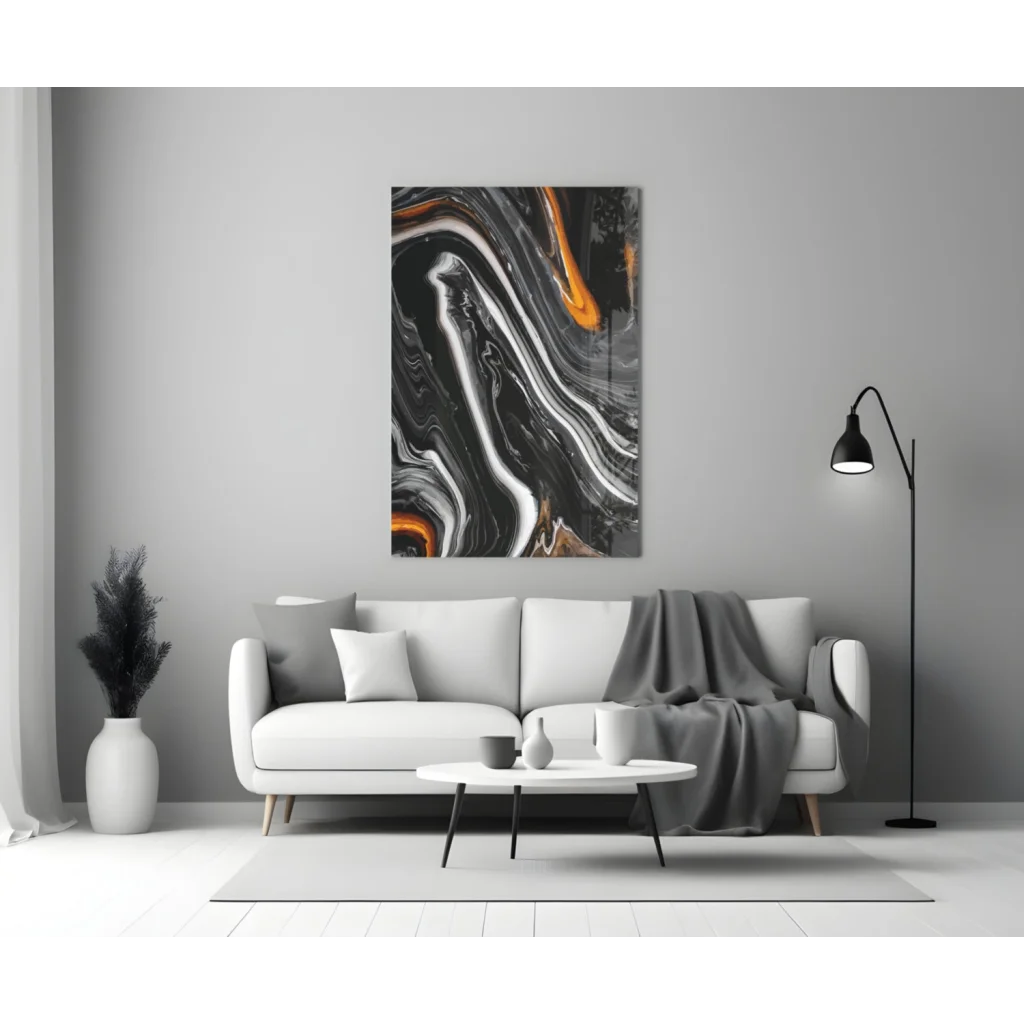 Swirling orange marble abstract wall art canvas with black white patterns