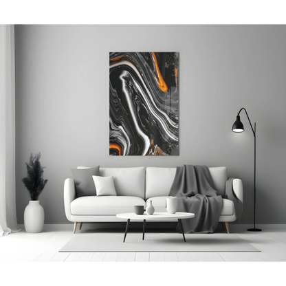 Swirling orange marble abstract wall art canvas with black white patterns