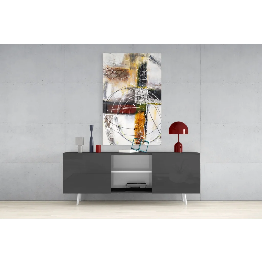 Abstract glass wall art print with bold black, white, yellow, red strokes