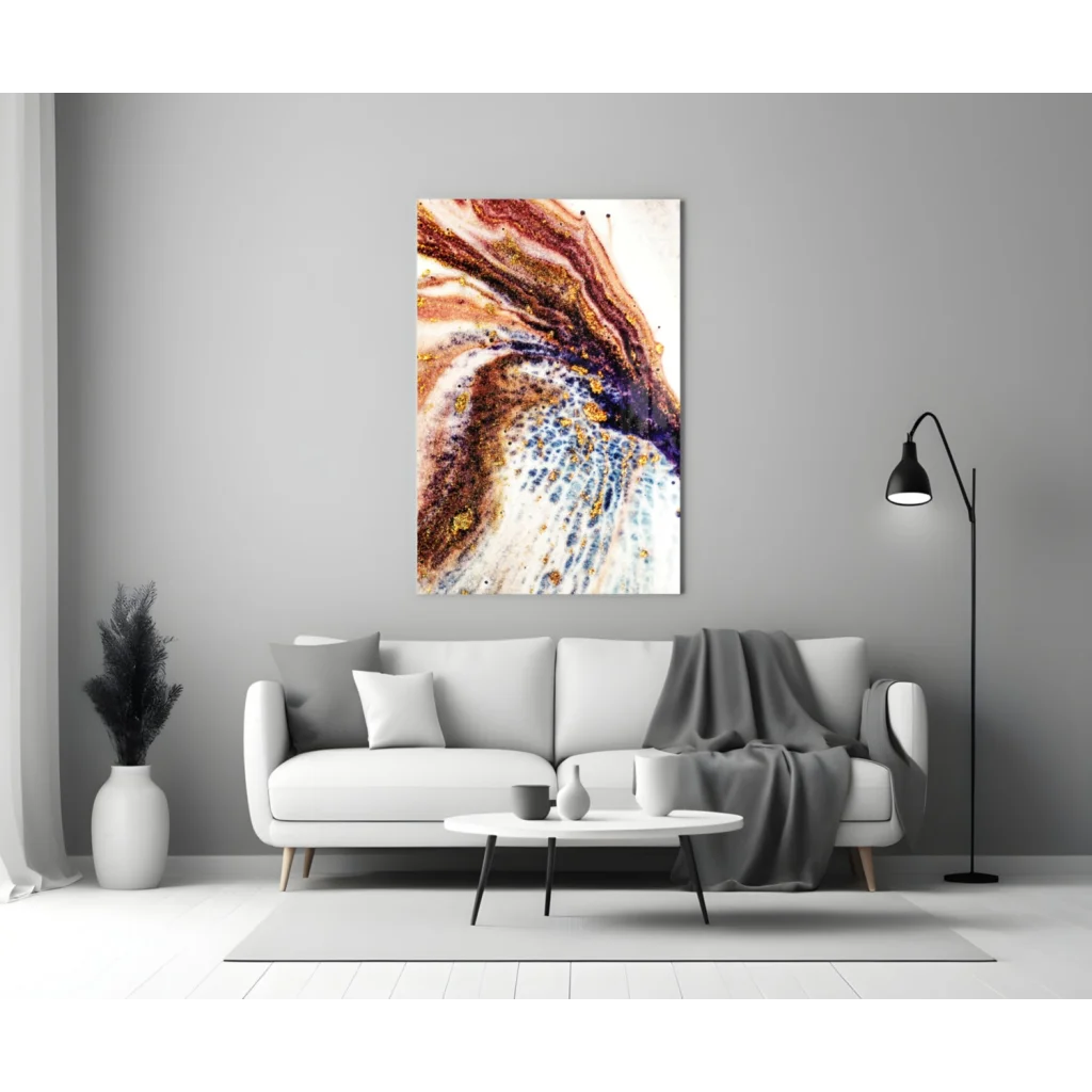 Swirling copper gold purple abstract canvas wall art on white background