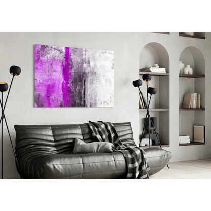Vibrant purple storm abstract wall art canvas with bold textured gray white streaks