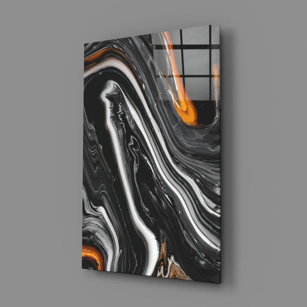 Swirling orange marble abstract wall art canvas with black white patterns
