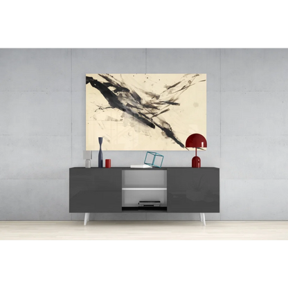 Bold abstract glass wall art with black brushstrokes on tempered glass