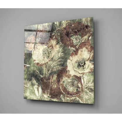 Vintage floral glass wall art with earthy textured design