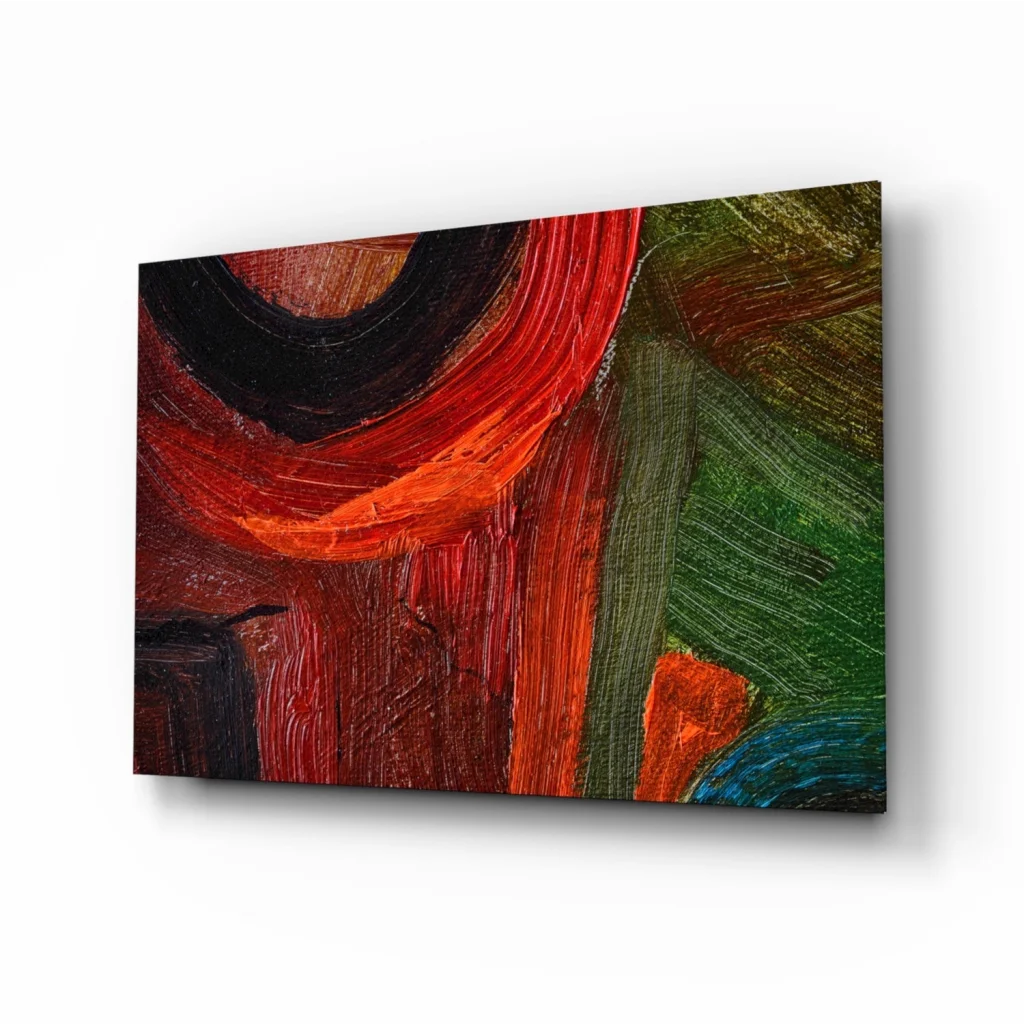 Vibrant bold red black green abstract canvas wall art with textured brushstrokes
