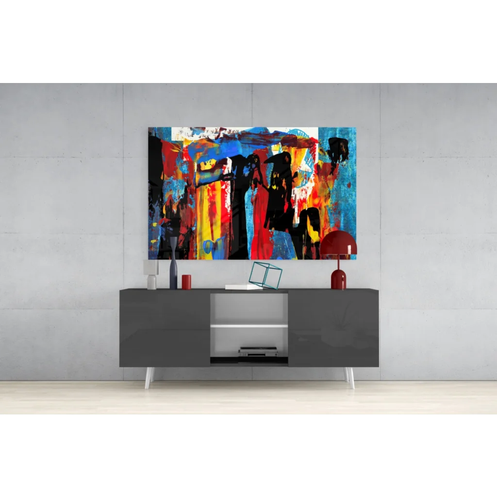 Premium tempered glass abstract wall art with vibrant bold colors