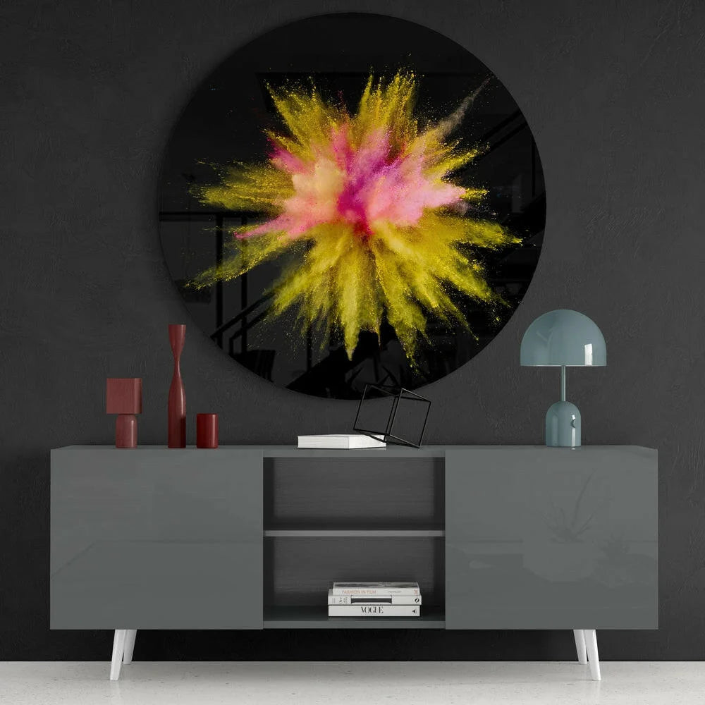 Vibrant yellow pink powder explosion on tempered glass art circle