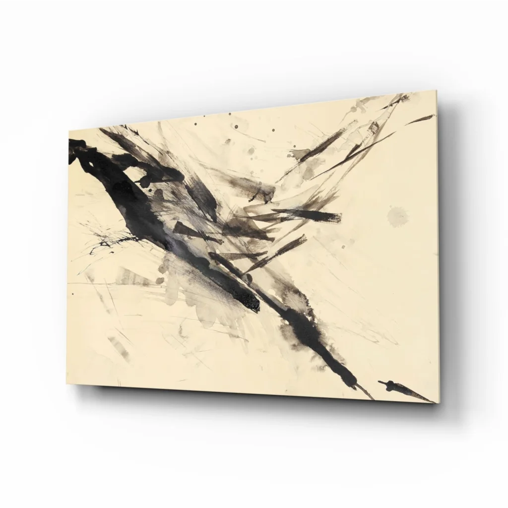 Bold abstract glass wall art with black brushstrokes on creamy background