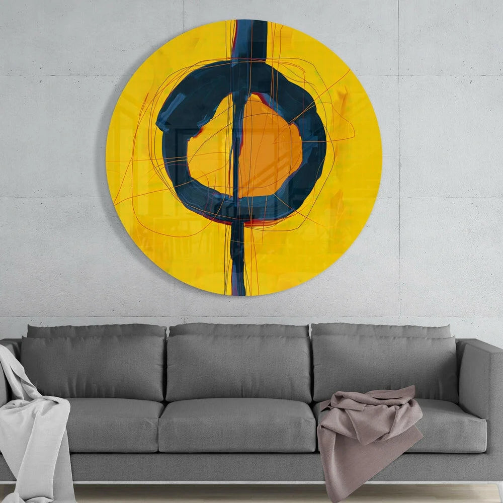 Bold Yellow Circle Tempered Glass Art with Geometric Brushstrokes | Modern Wall Art Decor | vintageantiquesgifts.com