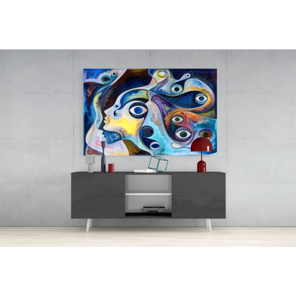 Vibrant eye swirl wall art canvas in bold blues and purples