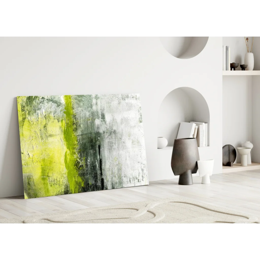 Vibrant electric lime green abstract canvas wall art with bold textured gray-black strokes