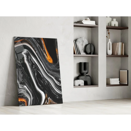 Swirling orange marble abstract wall art canvas in black, white, gold