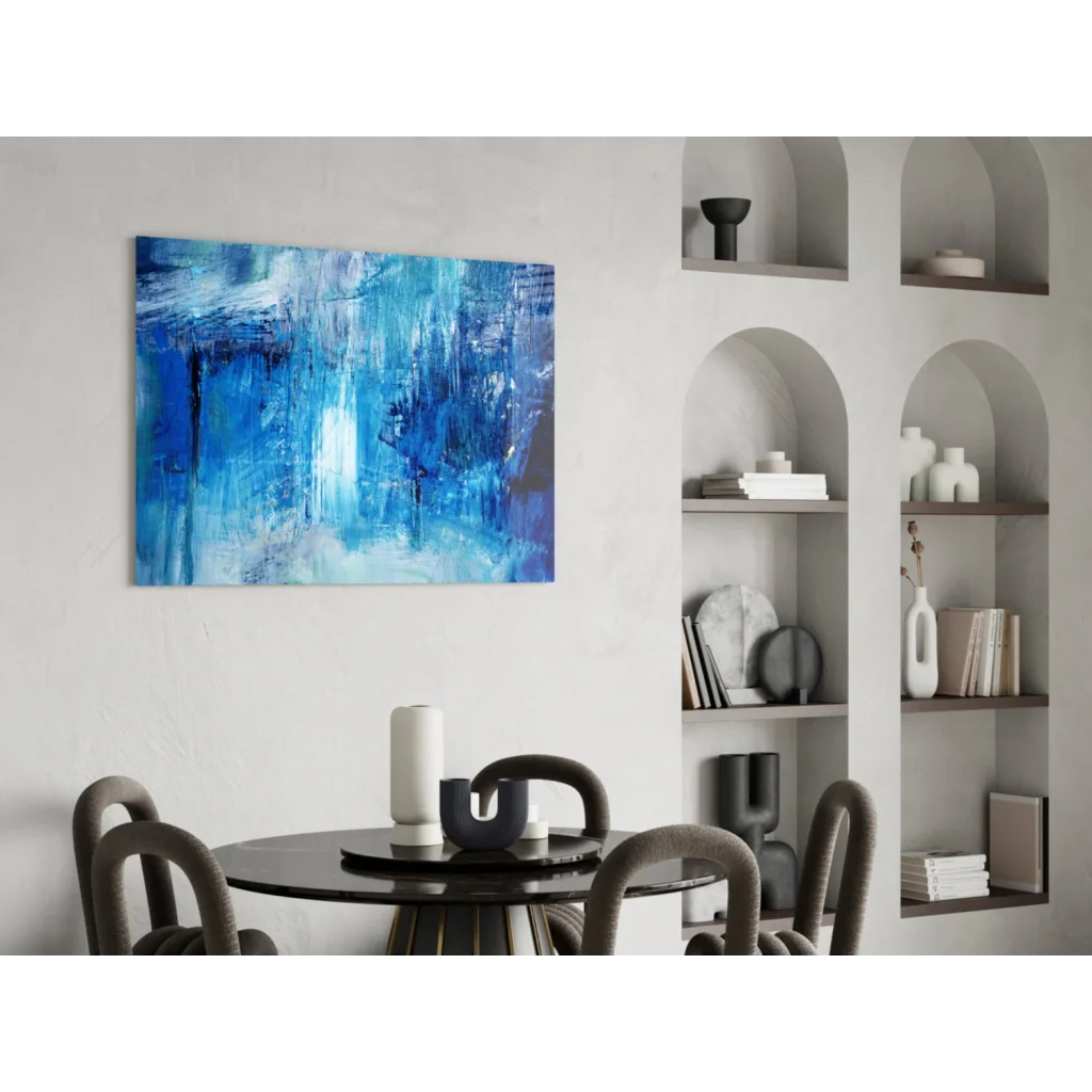 Vibrant bold blue textured abstract wall art canvas painting on minimalist wall
