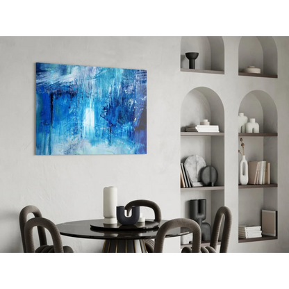 Vibrant bold blue textured abstract wall art canvas painting on minimalist wall